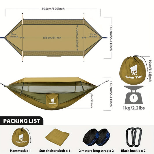 Hamac de Camping 3-en-1 avec Moustiquaire et Tarp – 2 Personnes